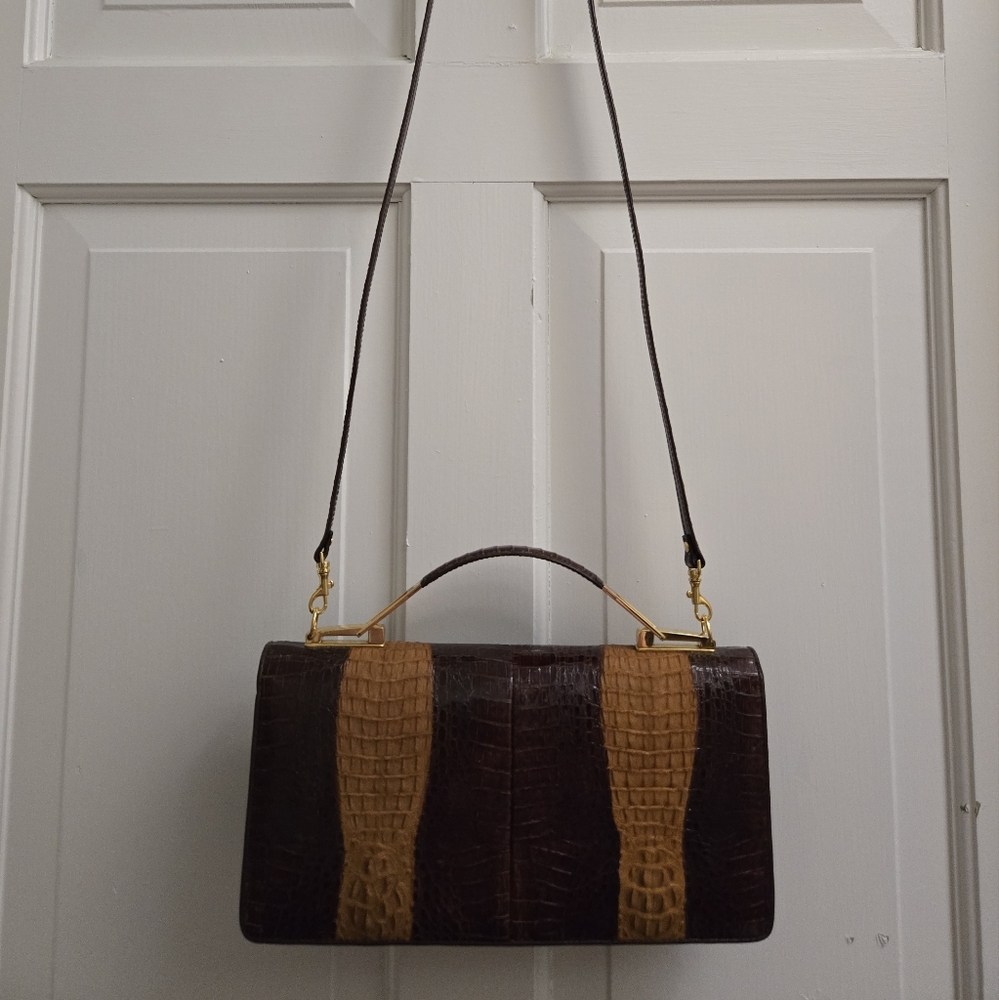 Vintage Genuine Crocodile Patchwork Handbag – Structured Top Handle Purse